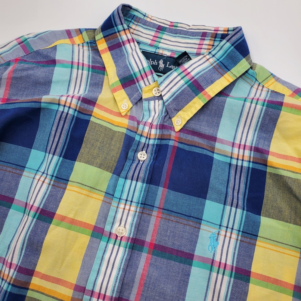Ralph Lauren Mens XL Custom Fit Short Sleeve Madras Plaid Button Down Shirt